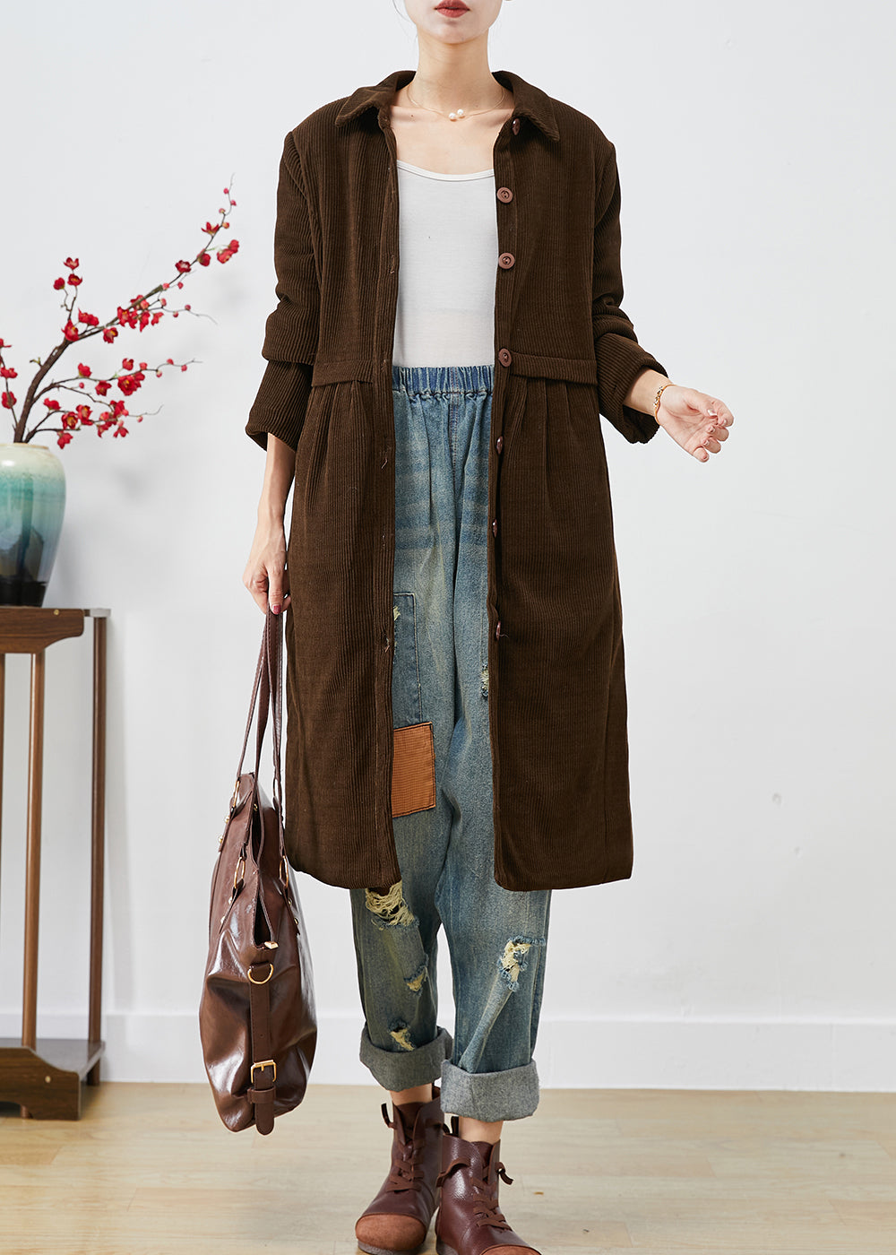 WW | Chocolate Warm Fine Cotton Filled Corduroy Trench Coats Winter
