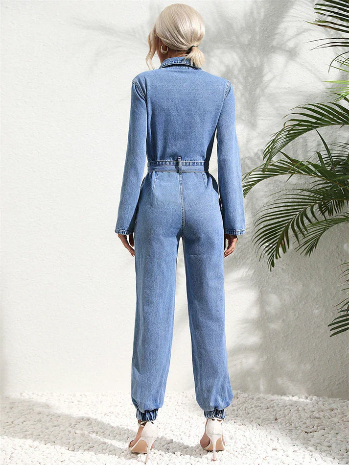 WW | Casual Denim Jumpsuit with Belt and Long Sleeves for Women