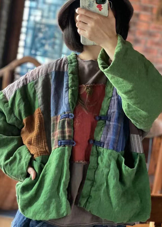 WW | Grüne V-Ausschnitt Taschen Patchwork Feine Baumwollgefüllte Jacken Winter