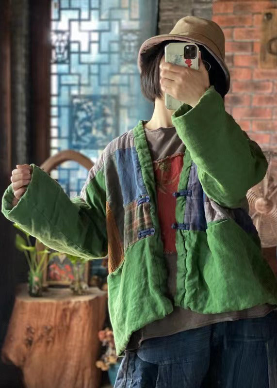 WW | Grüne V-Ausschnitt Taschen Patchwork Feine Baumwollgefüllte Jacken Winter