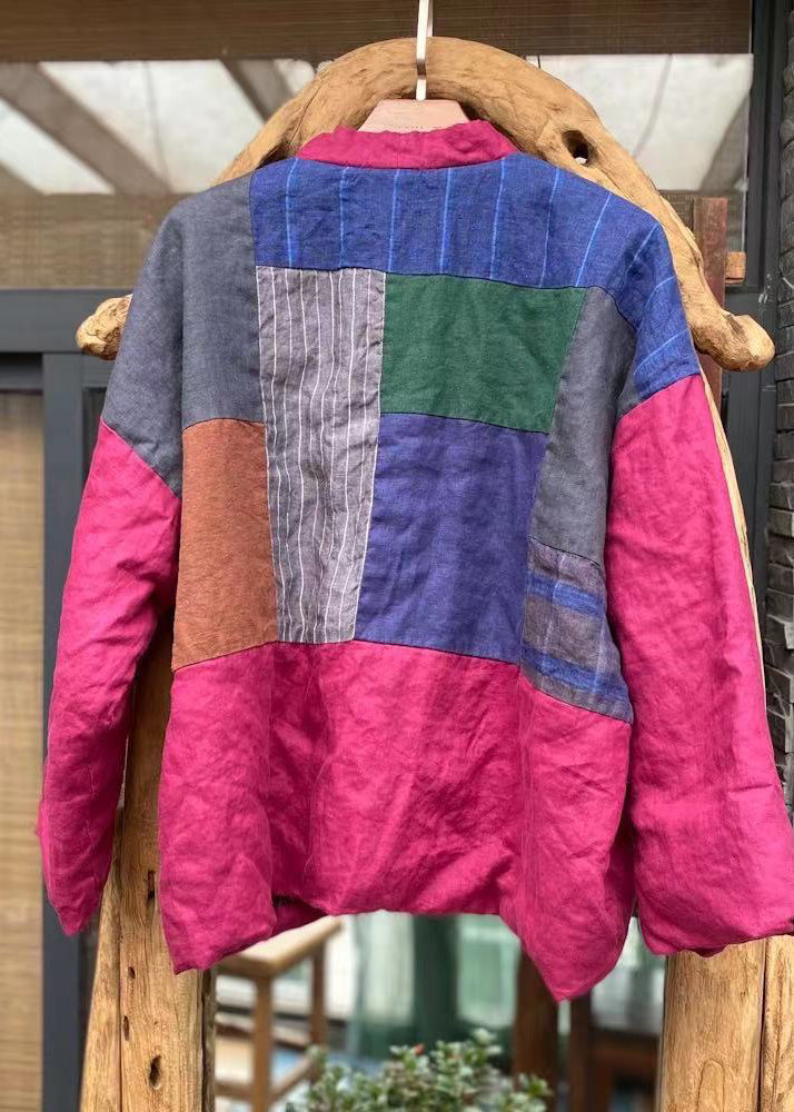WW | Green V-Neck Pockets Patchwork Fine Cotton Padded Jackets Winter