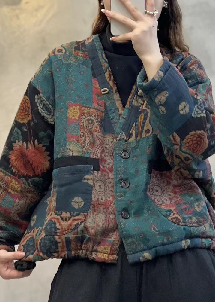 WW | Green V-Neck Pocket Print Fine Cotton Padded Jackets