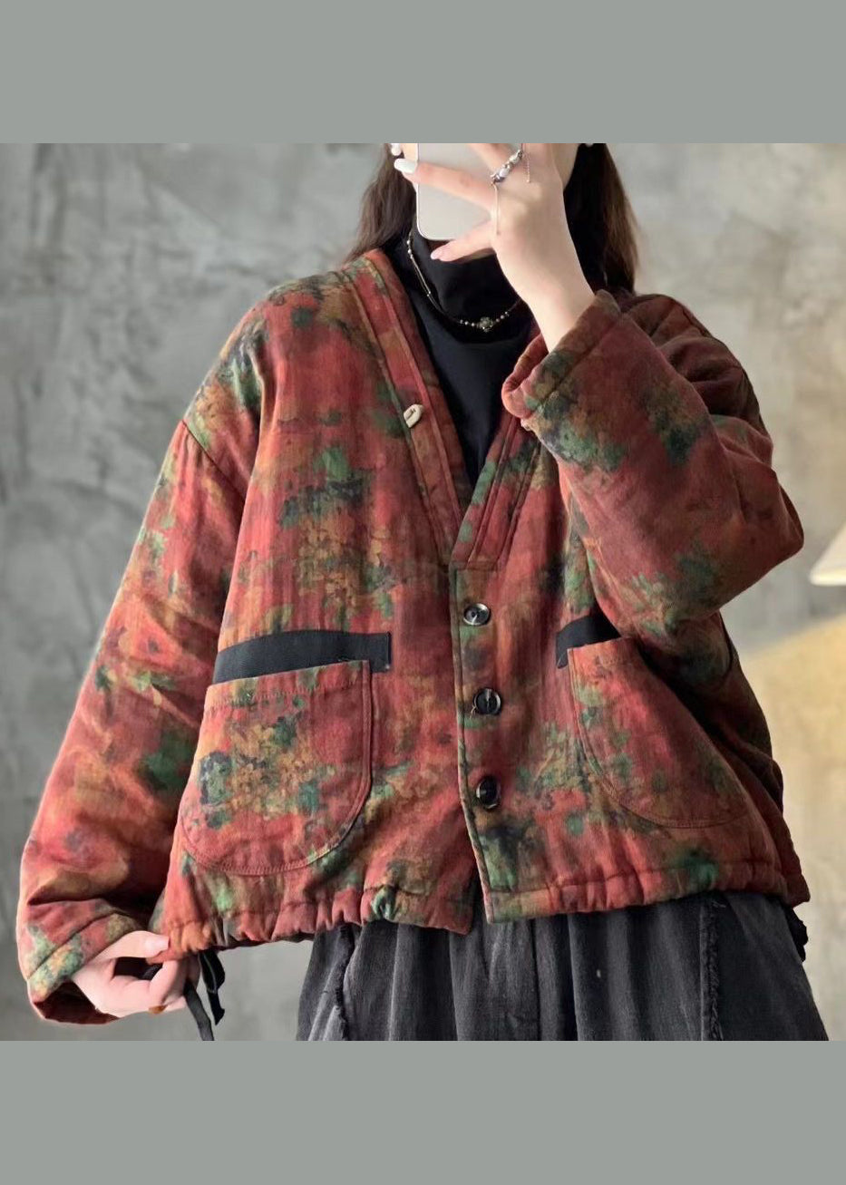 WW | Green V-Neck Pocket Print Fine Cotton Padded Jackets