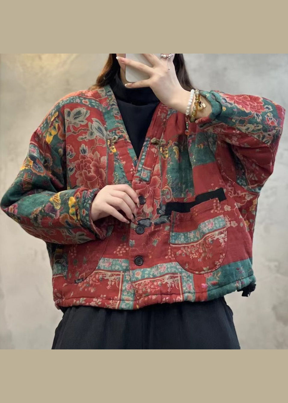 WW | Green V-Neck Pocket Print Fine Cotton Padded Jackets