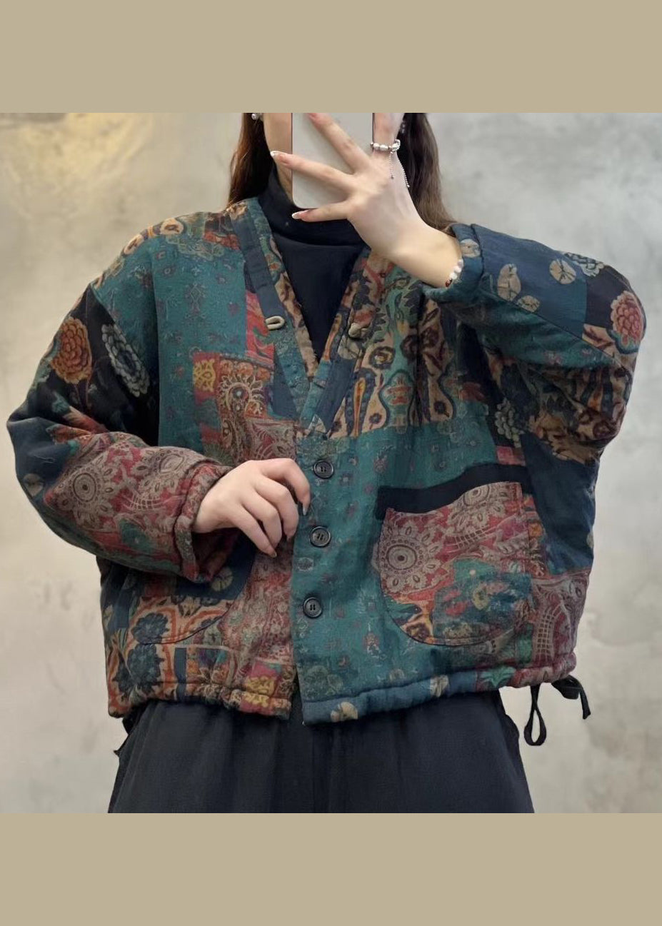 WW | Green V-Neck Pocket Print Fine Cotton Padded Jackets