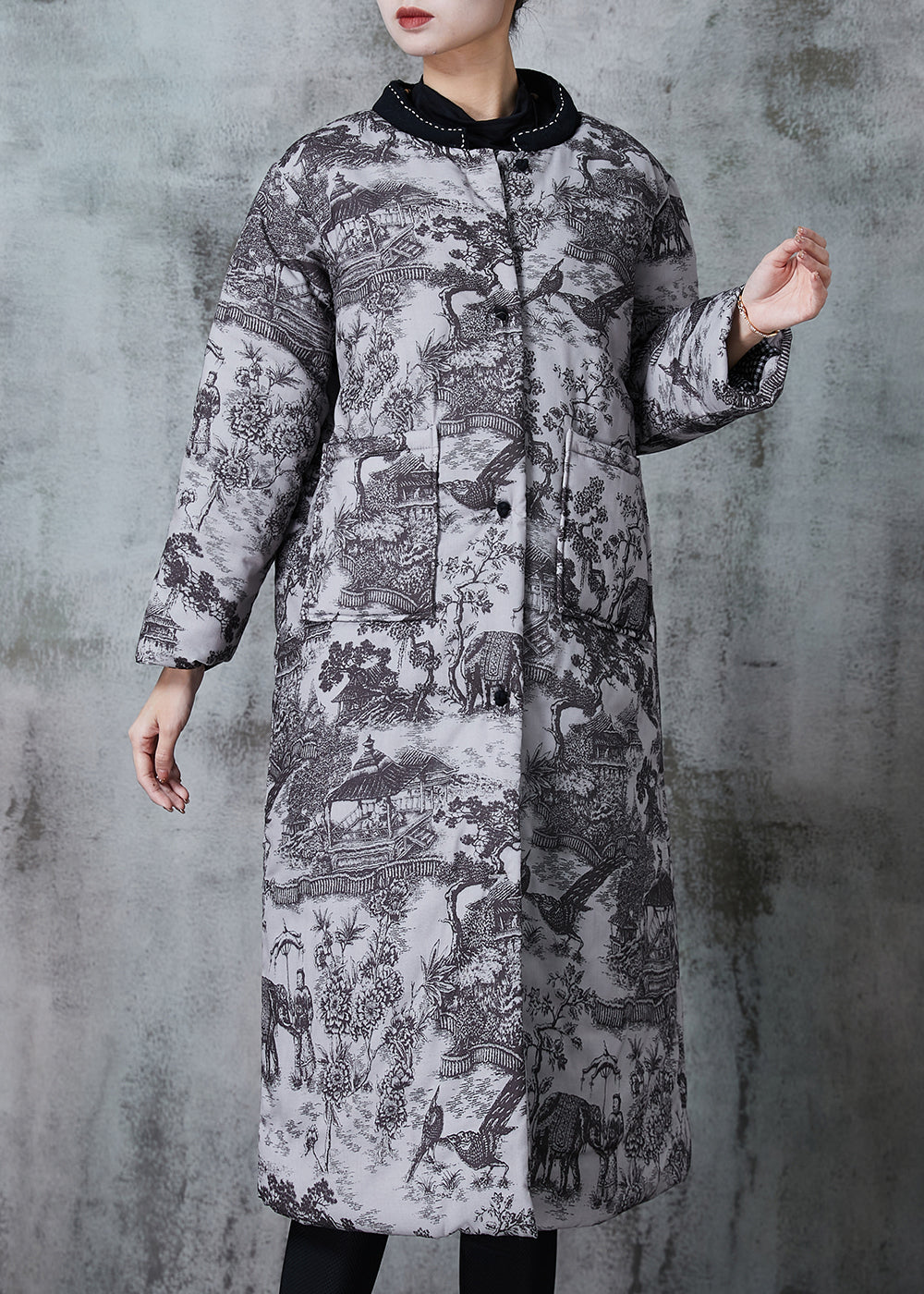 WW | Gray Print Pockets Fine Cotton Padded Coats Winter