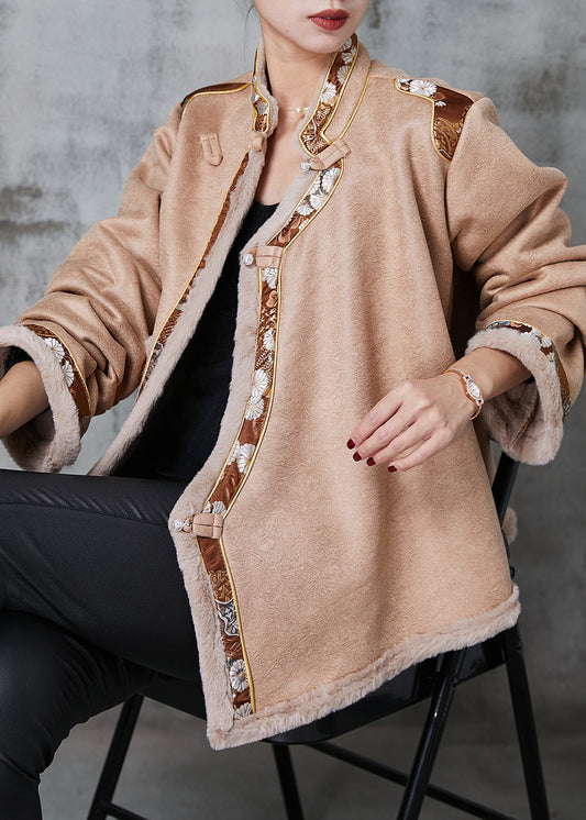 WW | Khaki Chinese Button Patchwork Warm Fleece Coats