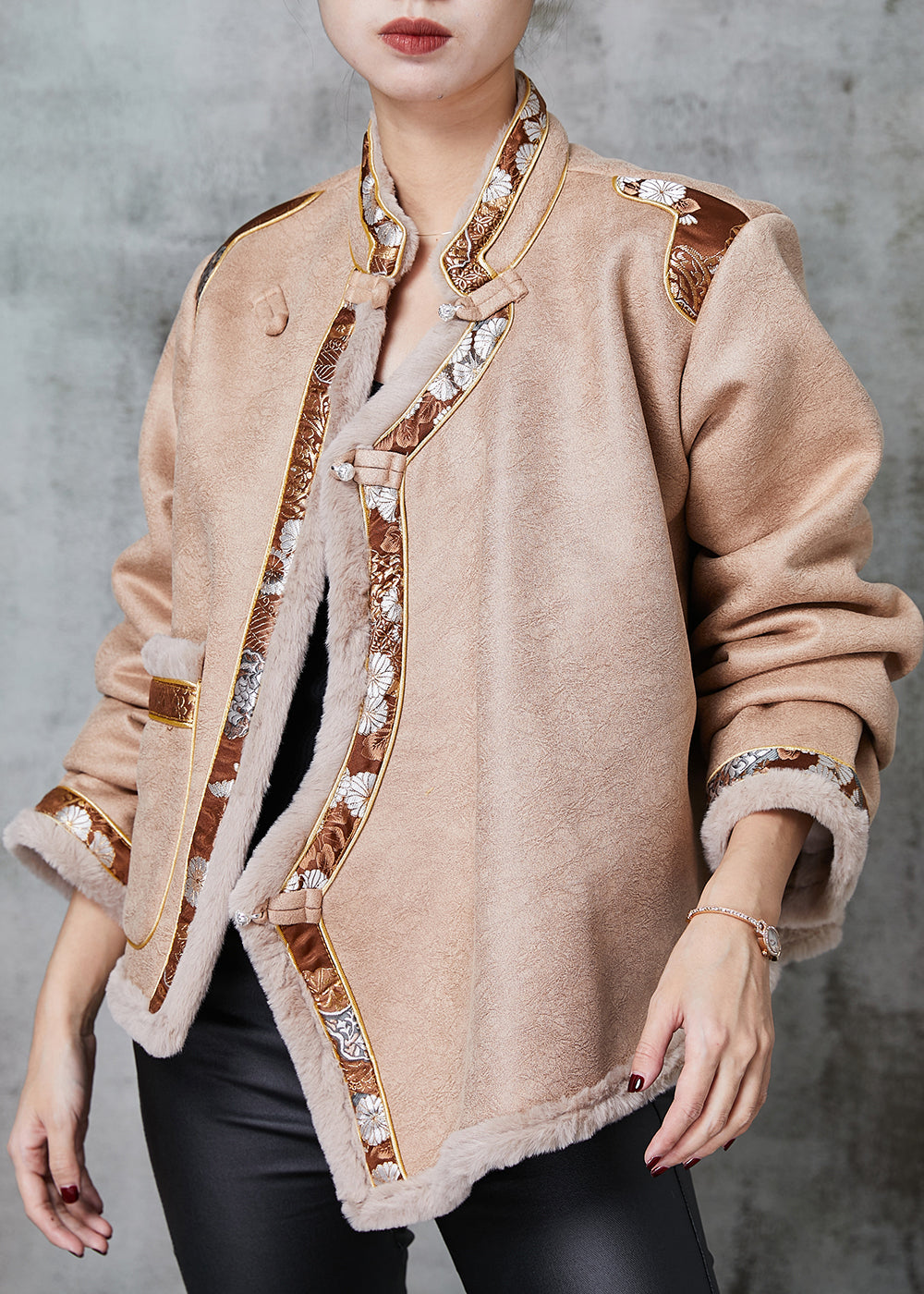 WW | Khaki Chinese Button Patchwork Warm Fleece Coats