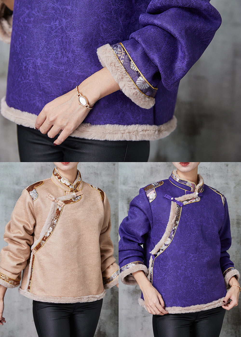 WW | Khaki Chinese Button Patchwork Warm Fleece Coats