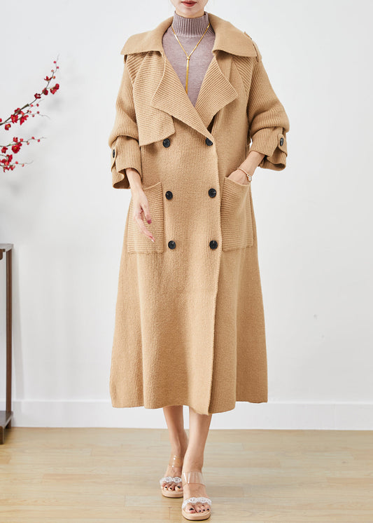 WW | Khaki Doppelreihige Taschen Strick-Trenchcoats