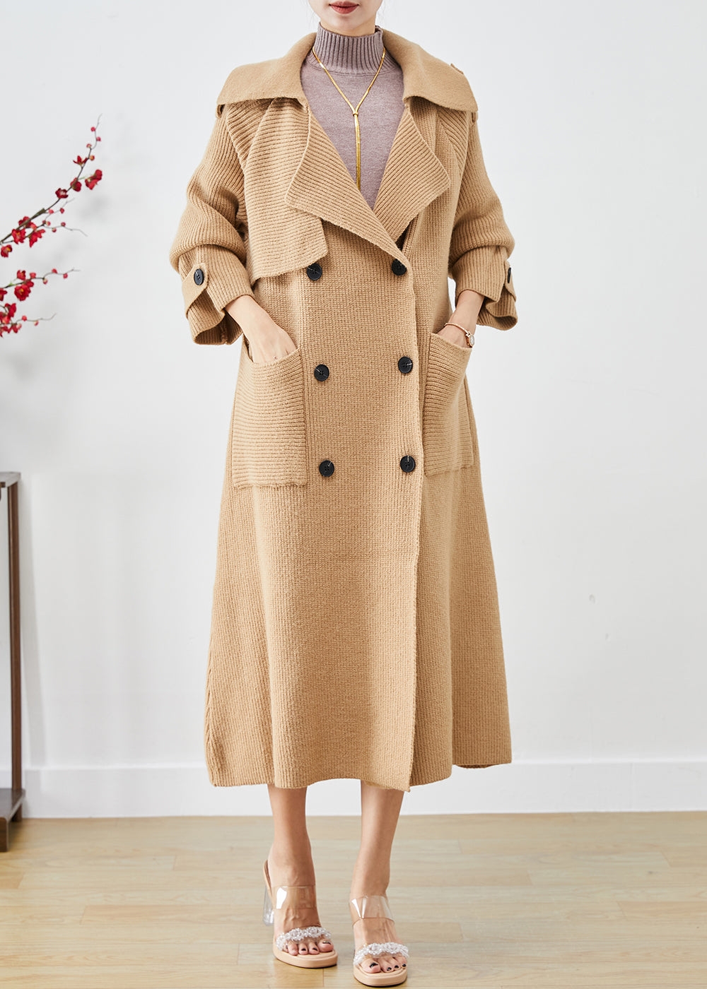 WW | Khaki Doppelreihige Taschen Strick-Trenchcoats