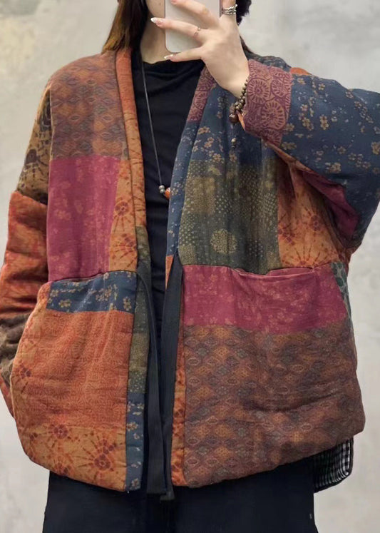 WW | Orange V-Ausschnitt Taschen Patchwork Feine Baumwolle Gefüllte Jacken Winter