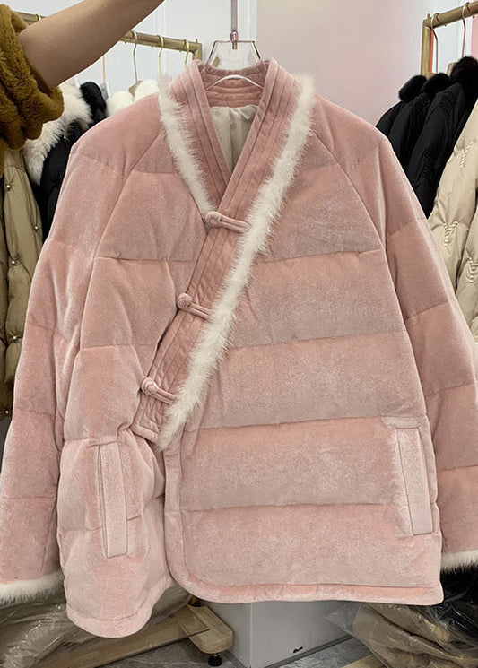 WW | Pink Chinese Button Patchwork Feine Baumwollgefüllte Wintermäntel