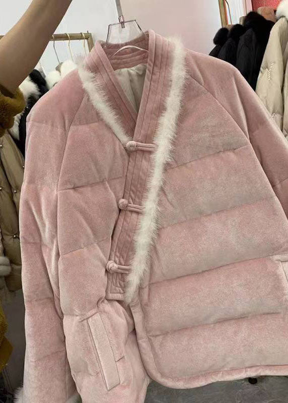 WW | Pink Chinese Button Patchwork Fine Cotton-Filled Winter Coats