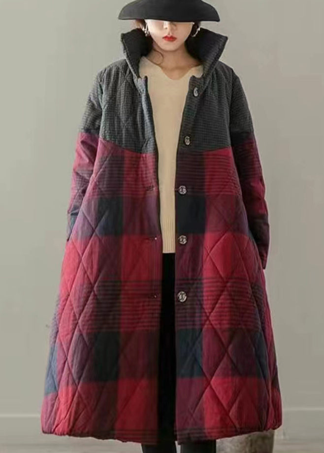 WW | Red Pockets Plaid Patchwork Fine Cotton Padded Coats Winter