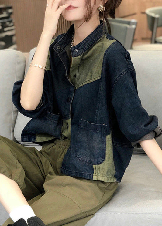 WW | Stehkragen Taschen Patchwork Denim Mäntel
