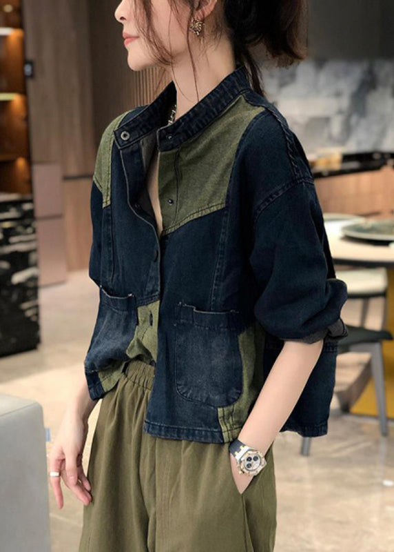 WW | Stand Collar Pockets Patchwork Denim Coats