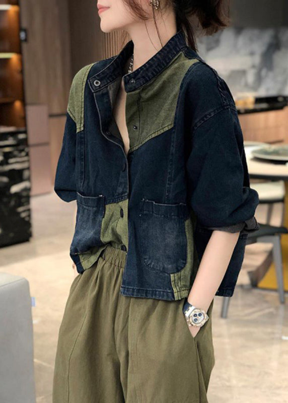 WW | Stand Collar Pockets Patchwork Denim Coats