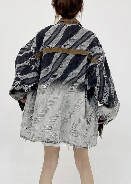 WW | Striped Buttonhole Patchwork Unisex Style Denim Coats