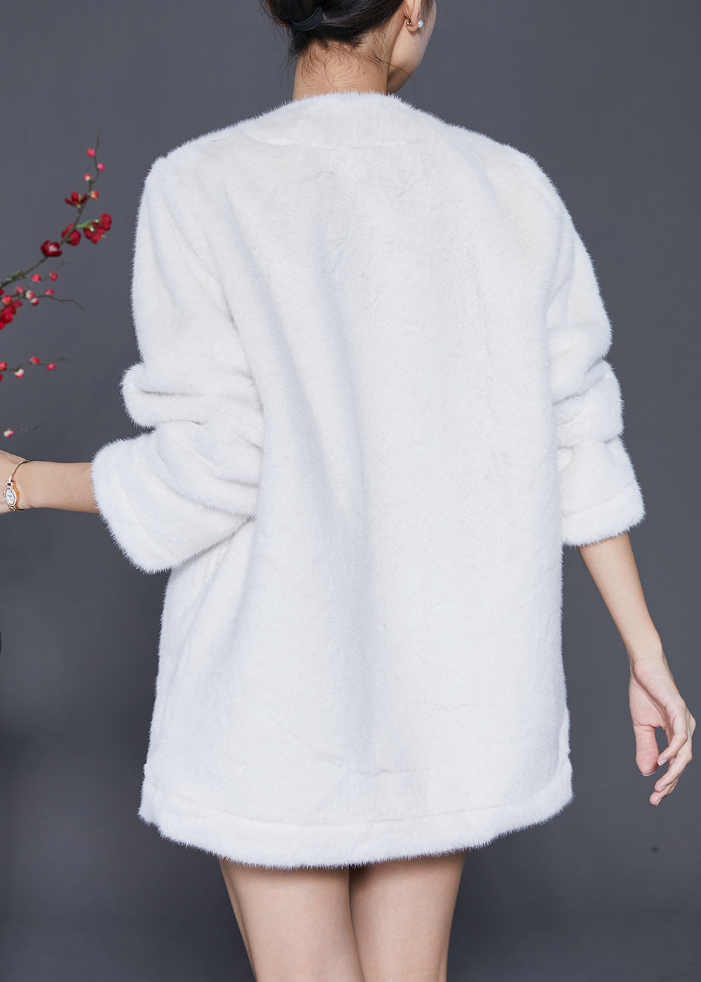 WW | White Chinese Button Floral Faux Fur Jackets Winter