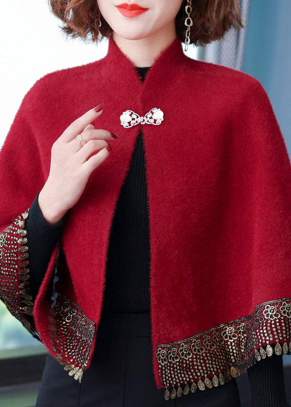 WW | Wine Red Stand Collar Fringe Button Patchwork Mink Velvet Coats