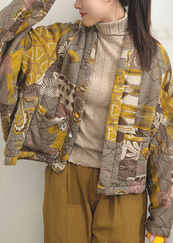 WW | Gelber Druck Taschen Patchwork Feine Baumwollgefüllte Jacken Fledermausärmel