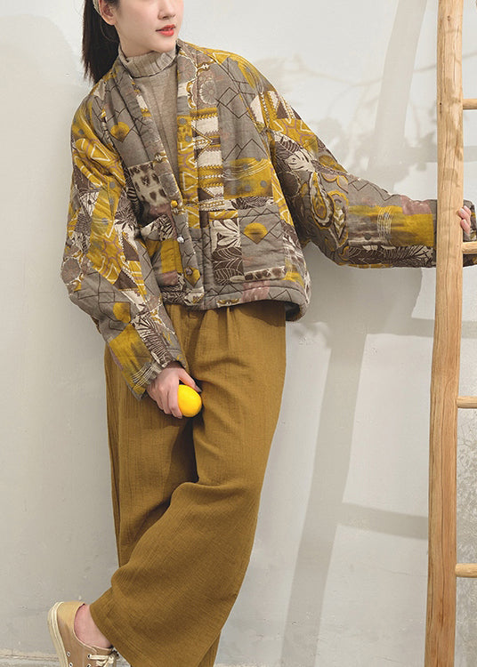 WW | Yellow Print Pocket Patchwork Fine Cotton-Padded Jackets Batwing Sleeves