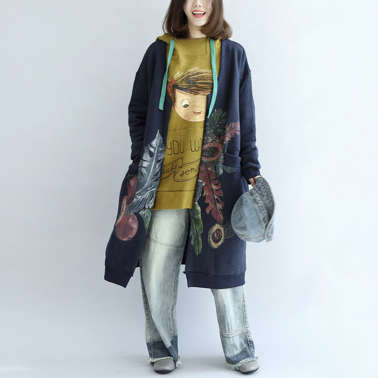 WW | Blue Prints Cotton Cardigans Oversize V-Neck Long Sleeve Trench Coats