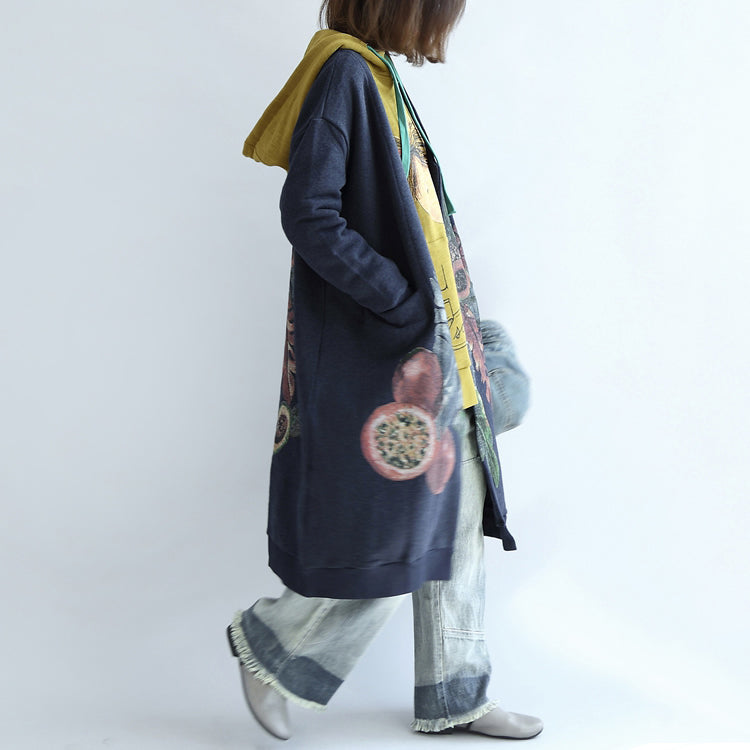 WW | Blue Prints Cotton Cardigans Oversize V-Neck Long Sleeve Trench Coats