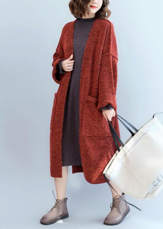 WW | Knitted Cardigan Oversized Red Batwing Sleeves Pockets Coats