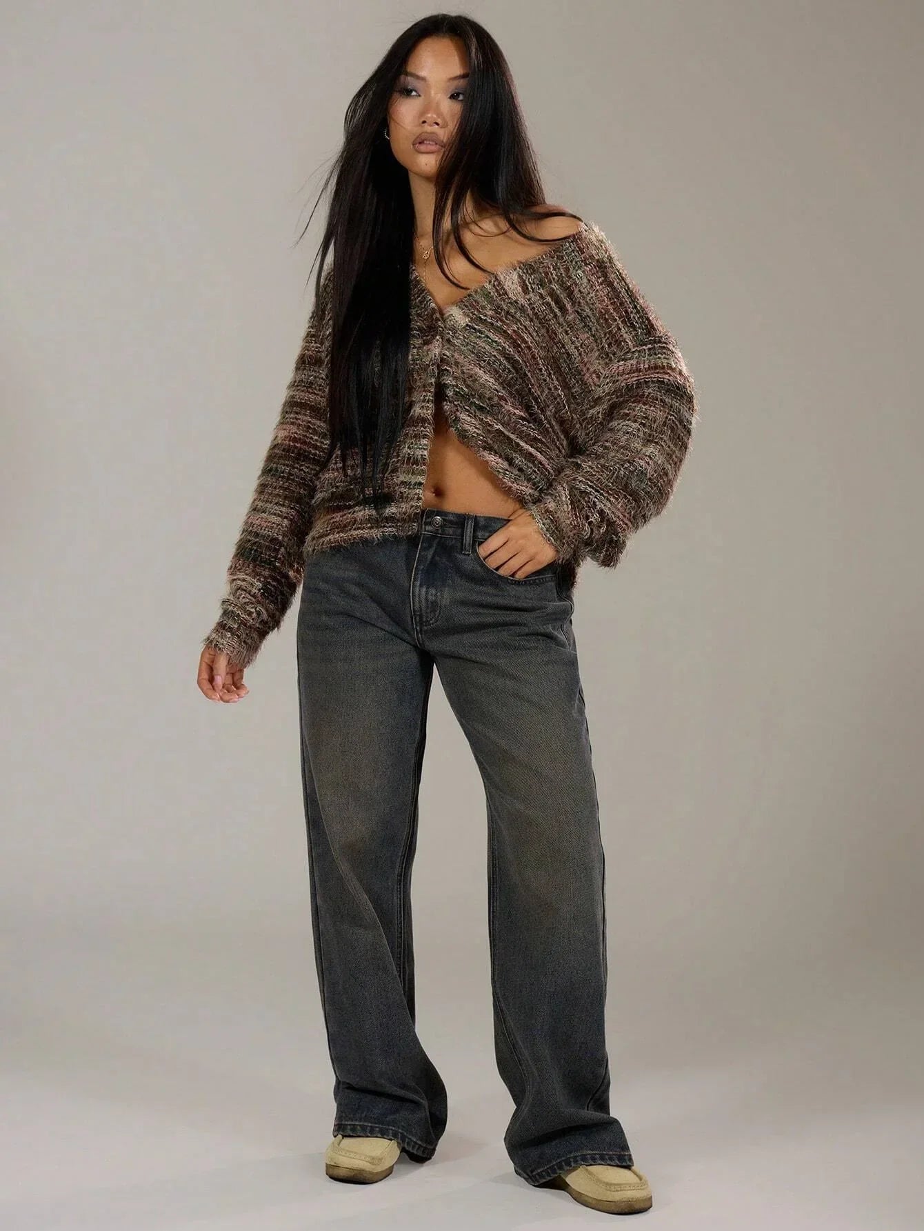 WW | Damen Multicolor Gebrachte Strickjacke mit Knopfverschluss und Langen Ärmeln