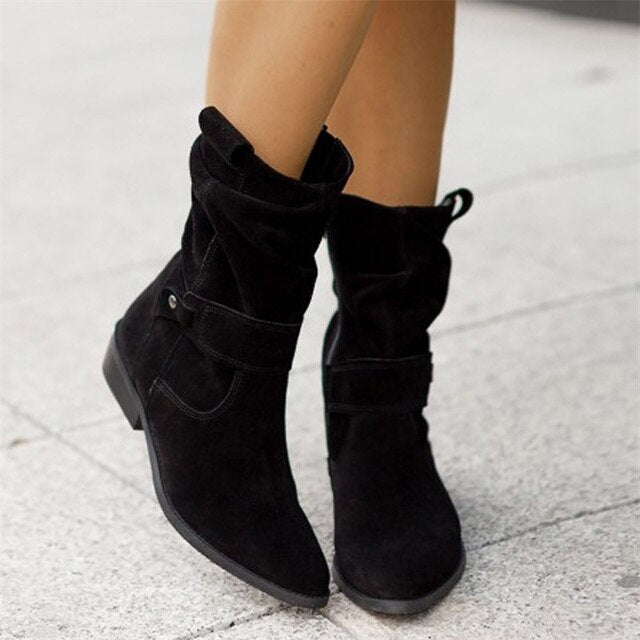 WW | Casual Low Heel Round Toe Plus Size Faux Boots