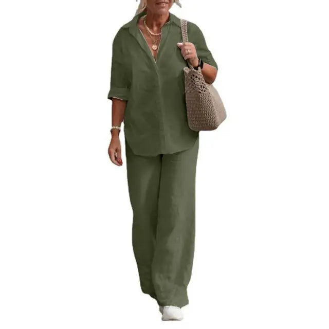 SummerSilhouette Duo™ – Women's Linen Two-Piece Set with Blouse & Pants, Airy, Elegant & Comfortable for Summer