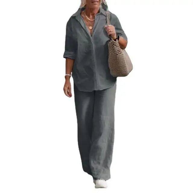 SummerSilhouette Duo™ – Women's Linen Two-Piece Set with Blouse & Pants, Airy, Elegant & Comfortable for Summer