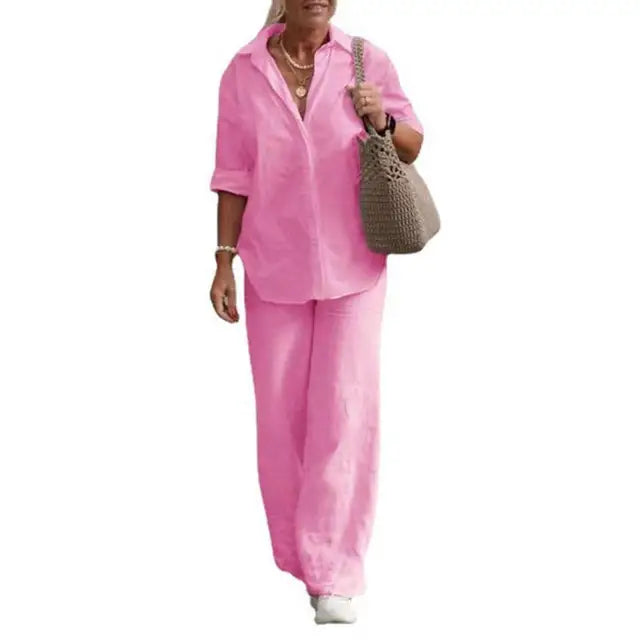 SummerSilhouette Duo™ – Women's Linen Two-Piece Set with Blouse & Pants, Airy, Elegant & Comfortable for Summer