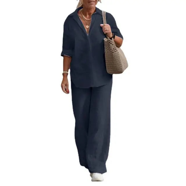 SummerSilhouette Duo™ – Women's Linen Two-Piece Set with Blouse & Pants, Airy, Elegant & Comfortable for Summer