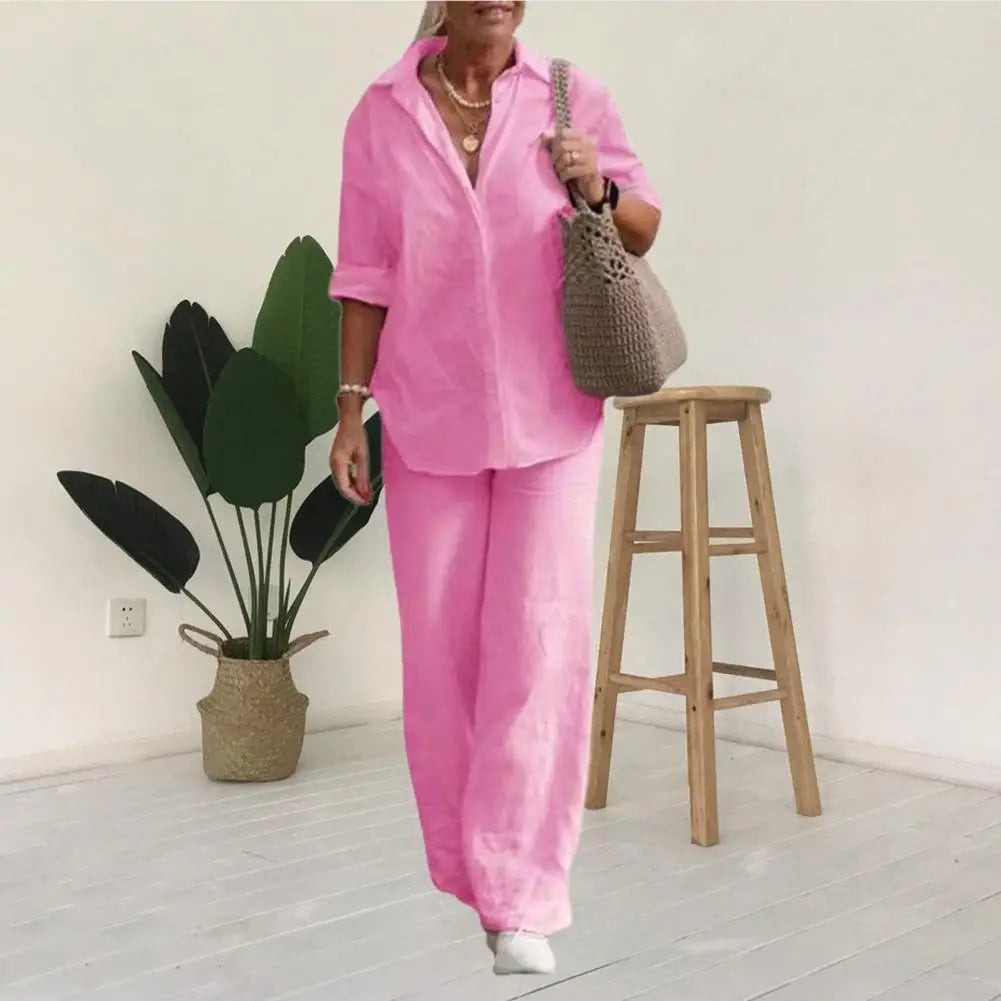 SummerSilhouette Duo™ – Women's Linen Two-Piece Set with Blouse & Pants, Airy, Elegant & Comfortable for Summer