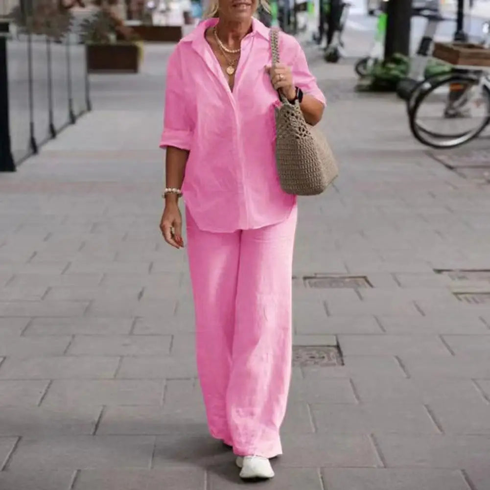 SummerSilhouette Duo™ – Women's Linen Two-Piece Set with Blouse & Pants, Airy, Elegant & Comfortable for Summer