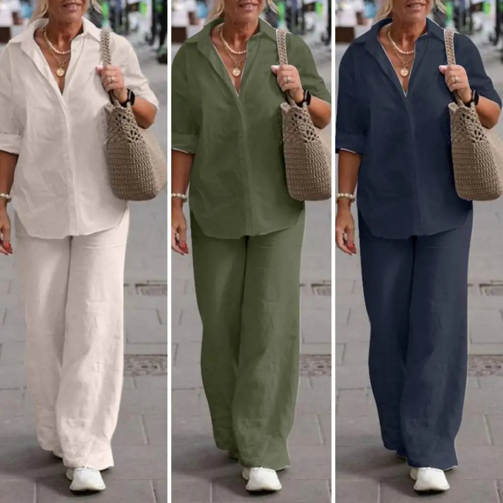 SummerSilhouette Duo™ – Women's Linen Two-Piece Set with Blouse & Pants, Airy, Elegant & Comfortable for Summer