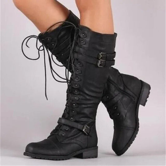 WW | Schnürstiefel für Damen - Vintage Combat Boots mit Schnallen & Blockabsatz im Gothic Steampunk Stil