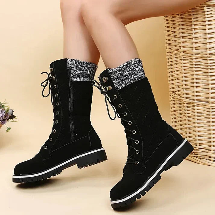 WW |  Damen-Winterstiefel mit Schnürung & Reißverschluss - Warme Stiefeletten mit Strickbund & Profilsohle