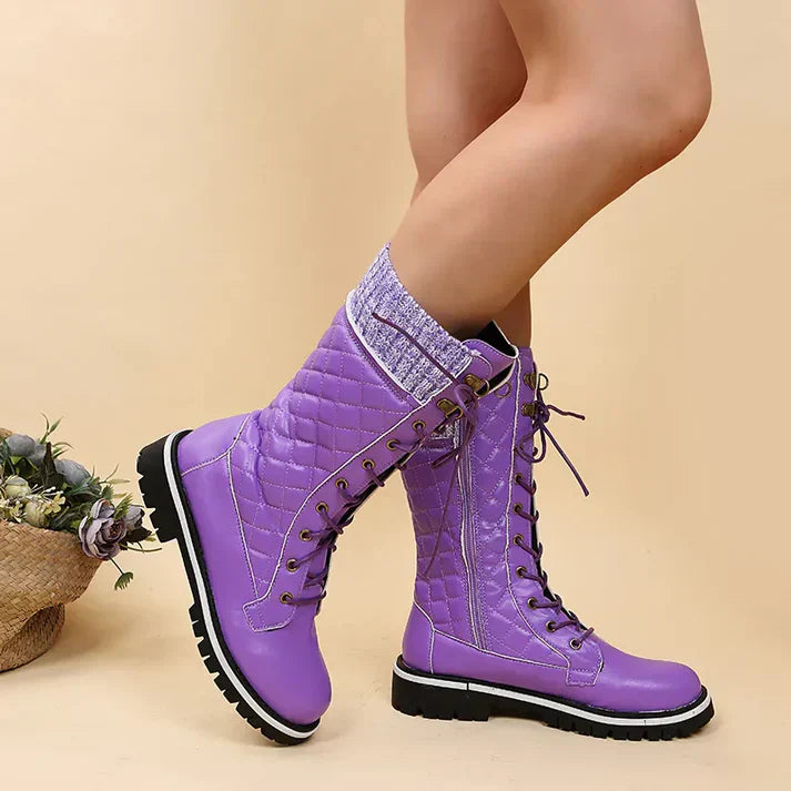 WW |  Damen-Winterstiefel mit Schnürung & Reißverschluss - Warme Stiefeletten mit Strickbund & Profilsohle