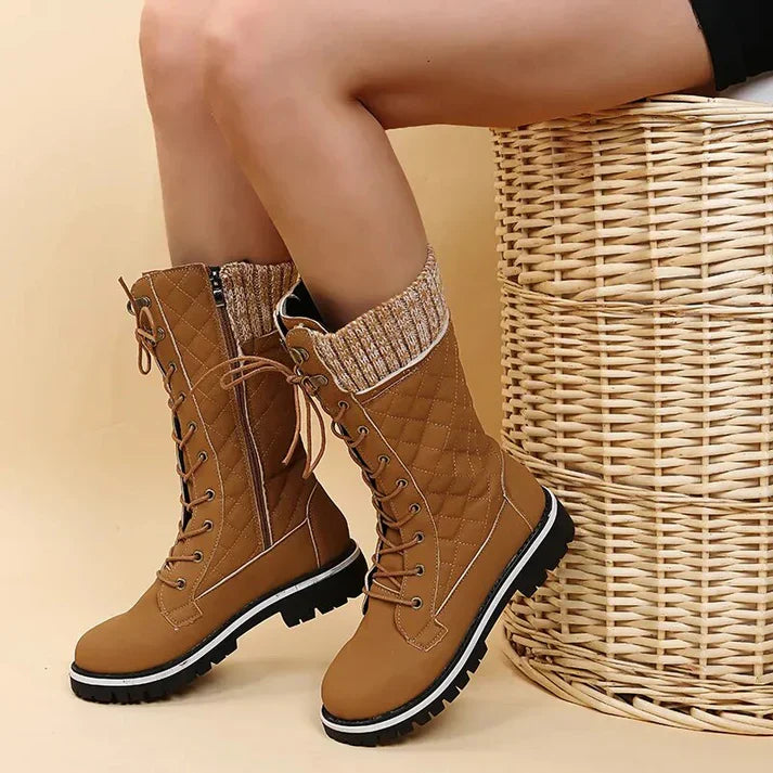 WW |  Damen-Winterstiefel mit Schnürung & Reißverschluss - Warme Stiefeletten mit Strickbund & Profilsohle
