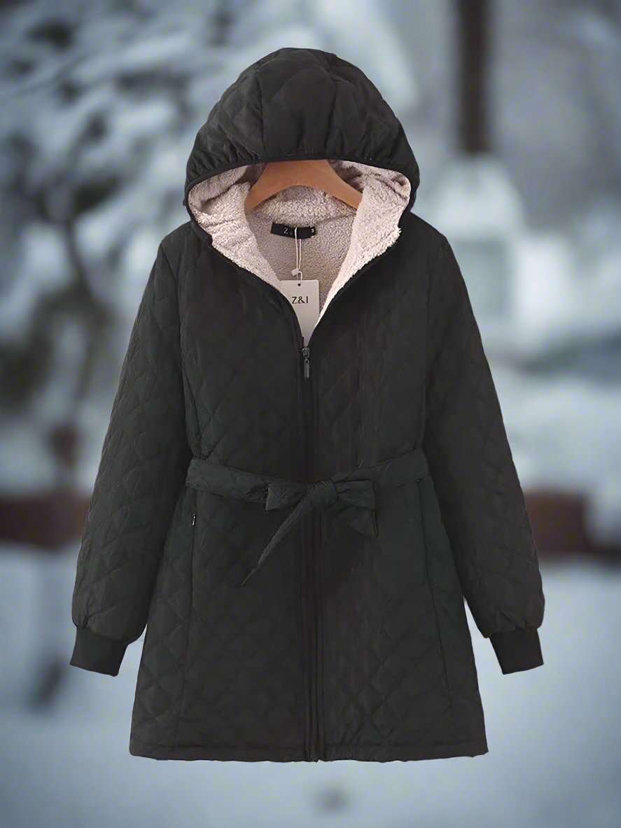 WW | Parka Long Quilted Jacket with Hood Padded and Lined Tie Belt for a Perfect Fit