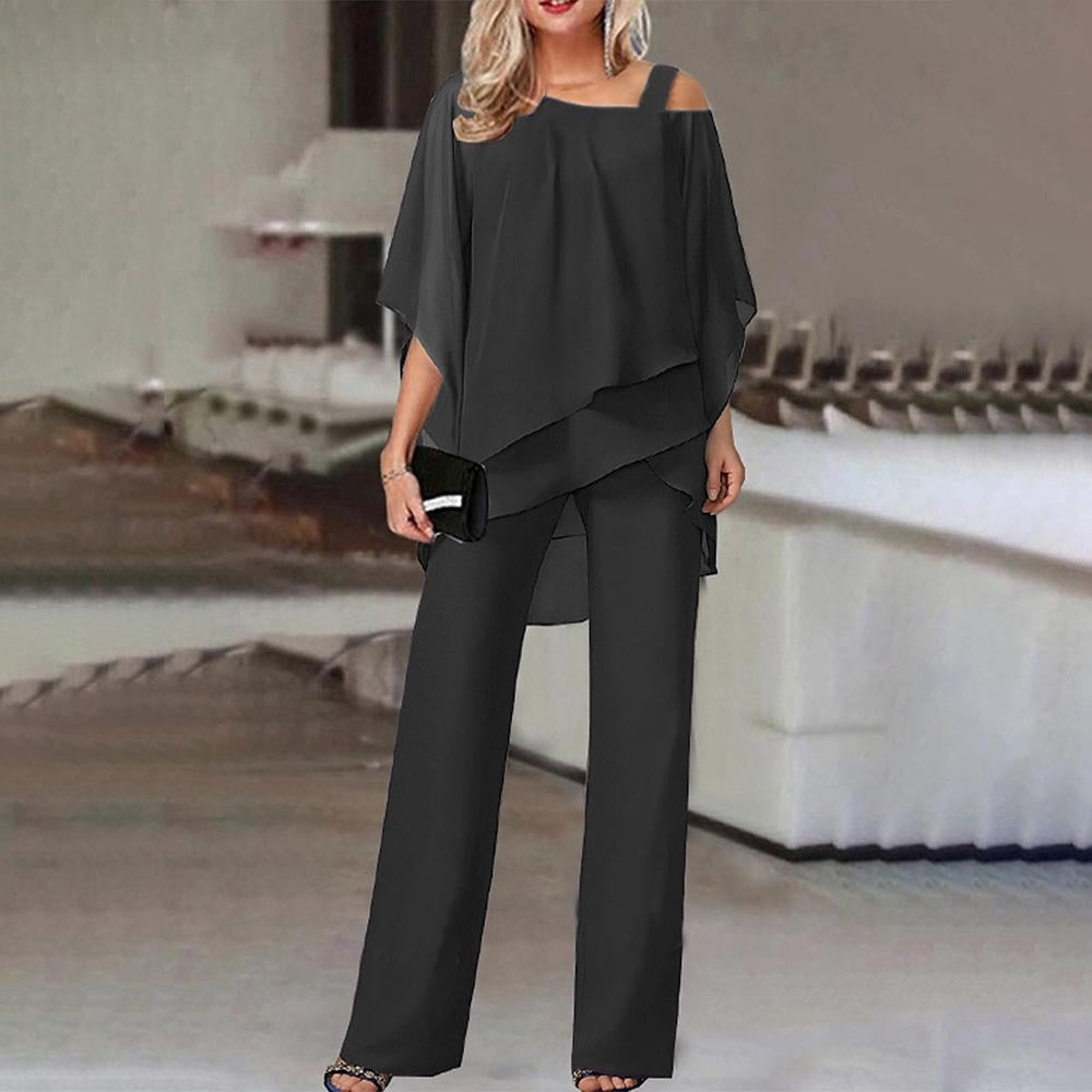 W&W Damen Zweiteiler Satz| Eleganter Jumpsuit mit Cold Shoulder Bluse
