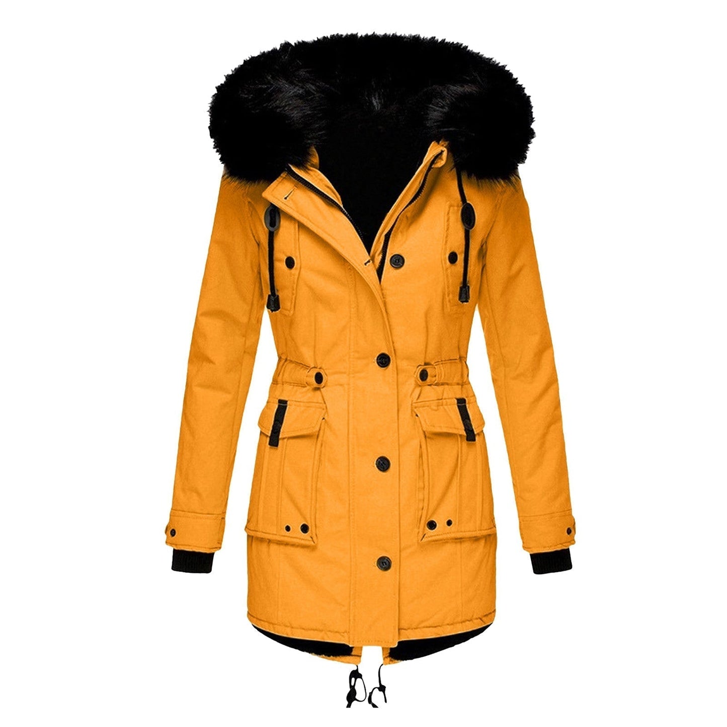 WW | Modeled fit Faux fur hood Adjustable waist mid-length