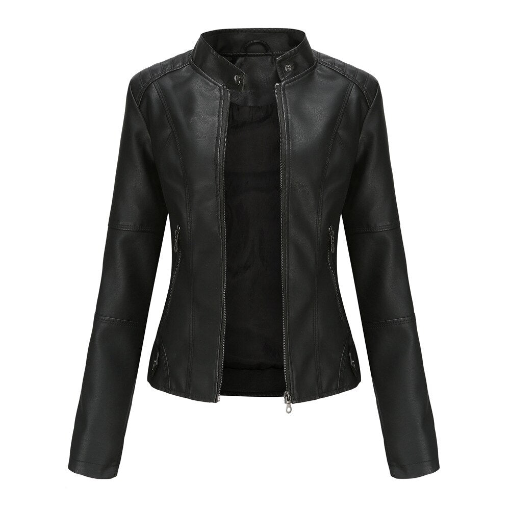 W&W Women's Leather Jacket with Mandarin Collar