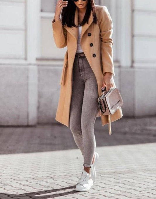 WW | Damen Langer Trenchcoat mit Knopfverschluss und Taillengürtel