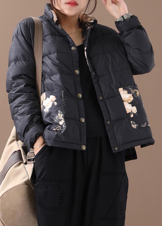 WW | Damen Parka Mäntel schwarze Patchwork-Druck Stehkragen Taschen WW | Wintermantel