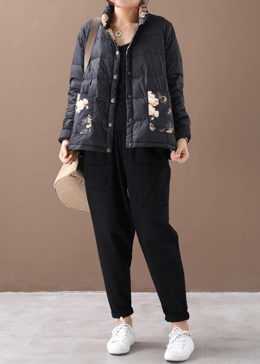 WW | Women's Parka Coats Black Patchwork Print Stand-Up Collar Pockets WW | Winter Coat